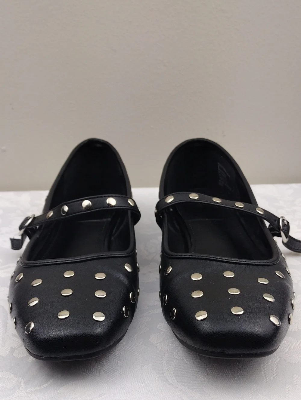Madden Girl Polly Black PU Silver Studded Upper Square Toe Flat Mary Jane Shoe